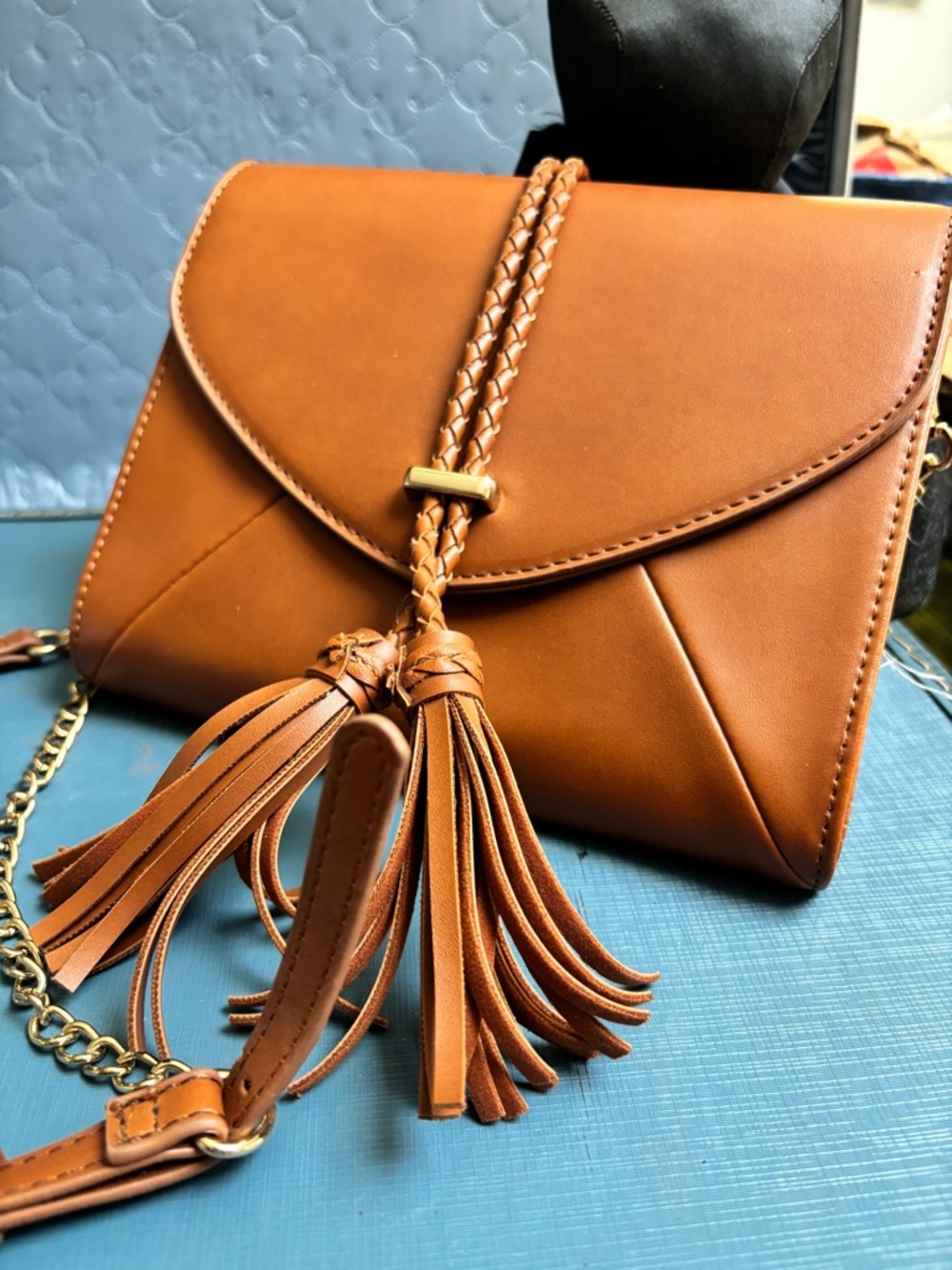Crossbody Bag in Cognac Brown  by Mode Lyfe Faux Leather Clutch nwot